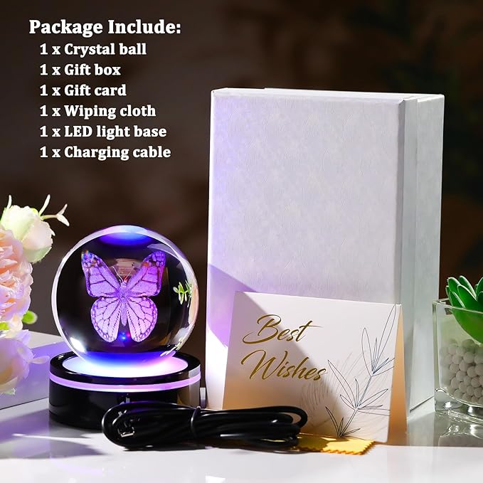 YWHL 3D Crystal Ball Butterfly Figurine with Colorful LED Base, Laser Butterfly Gifts for Women Men on Christmas Birthday, Ornament Glass Sphere Decorative Ball for Home Decor (80mm)
