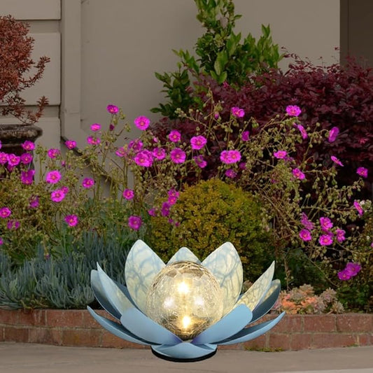 12 inches Solar Lights Outdoor Garden, Crackle Globe Glass Lotus Decoration, Waterproof LED Metal Flower Lights for Patio,Lawn,Walkway,Tabletop,Ground Gardening Gifts (Blue)