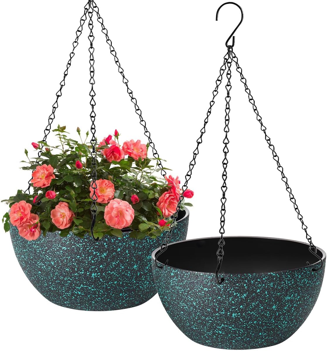 12 inch Hanging Planters for Indoor Plants, 2 Pack Planters for Outdoor Plants with Drainage Holes and Chain, Round Plastic Hanging Baskets, Hanging Flower Pots for Balcony Garden Decor-Black Speckle