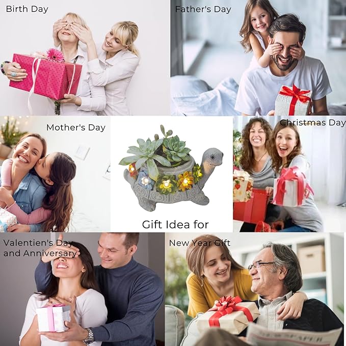 GUCHO Solar Garden Outdoor Statues Turtle with 5 Led Lights (Not Include Real Succulent),Lawn Decor Tortoise Statue for Patio, Balcony,Yard,Garden Decorations,Unique Gifts for Women Men