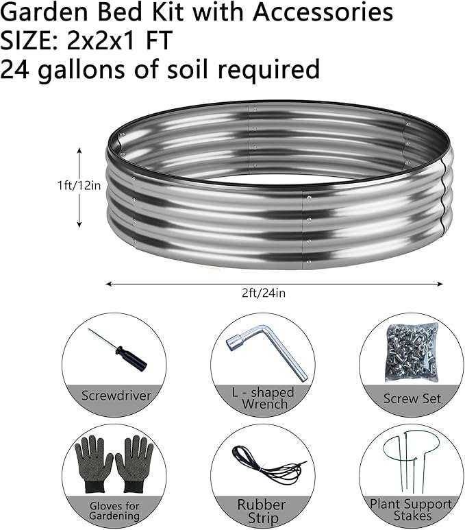 Galvanized Metal Planter Round Raised Garden Bed Kit for Gardening Outdoor,2x2x1ft 2pc Grow Garden Box Raised Flower Bed,Round Galvanized Planter Outdoor Metal Fire Pit Ring