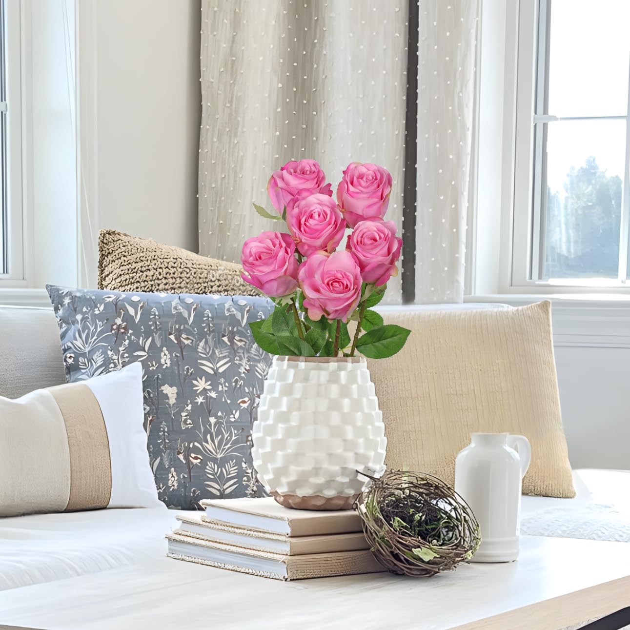 Briful Pink Artificial Roses – 6PCS 18.9" Silk Rose Faux Flowers with Long Stems Realistic Fake Rose Bouquet for DIY Wedding Arrangements Table Vase Centerpieces Home Event Decor