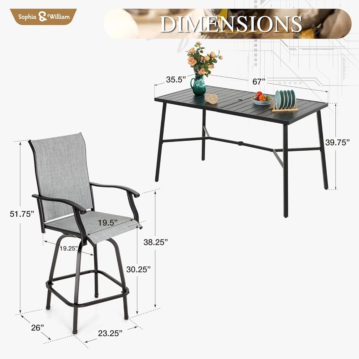 Sophia & William Outdoor Bar Set, Patio Bar Table and Chairs Set, Bar Height Patio Set - 4 x Swivel Bar Chairs(Grey), 1 x Rectangular Bar Table(Wood-Like)