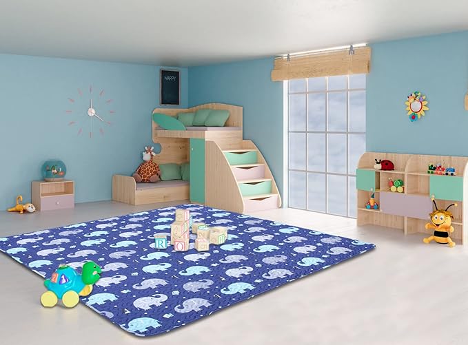 Baby Floor Play Mat Foldable Crawling Mat, 50x50 Play Mat for Playpen, Washable Non Slip One-Piece Playmats Portable, Cushioned Baby Tummy Time Mats for Infants and Toddlers (Blue Elephant)
