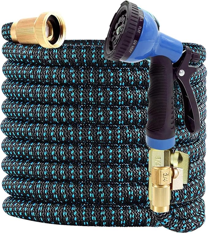 J&B XpandaHose 100ft Expandable Garden Hose with Holder - Heavy Duty Superior Strength 3750D - 4 -Layer Latex Core - Extra Strong Brass Connectors and 10 Spray Nozzle w/Storage Bag (Blue 100)