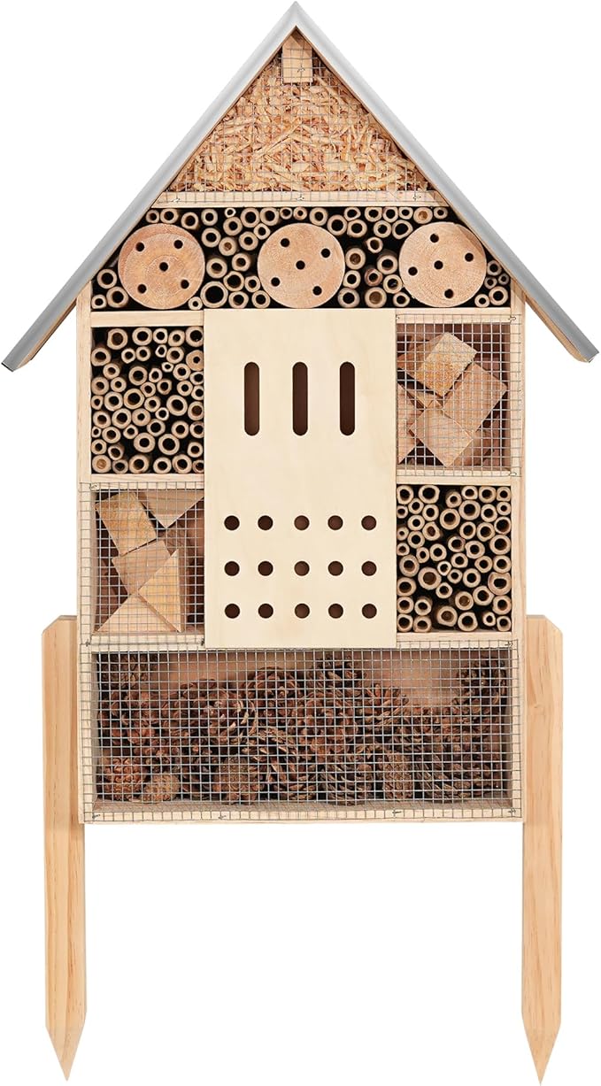 antiai Extra Large Wooden Insect House with Stakes,Wood Mason Bee Butterfly House,Insect Hotel,an Outdoor Bamboo Habitat for Ladybugs Live,Bee Box,Butterfly Habitat for Garden and Yard,30" H x15 W