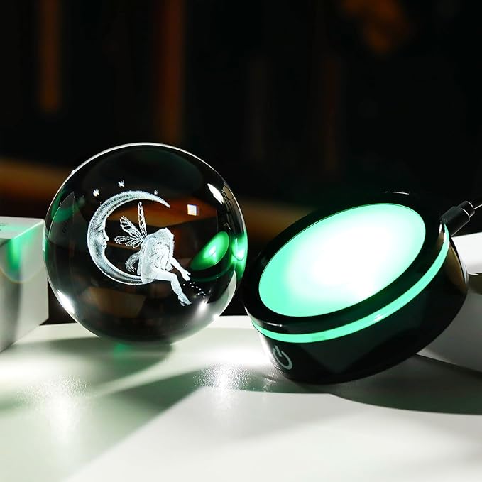 YWHL 3D Moon Fairy Figurine Crystal Ball with Colorful Light Base, Fairy Gifts for Women Girls on Christmas Birthday, 3D Laser Engraved Elf Full Sphere Glass Decorative Ball for Home Office (80mm)