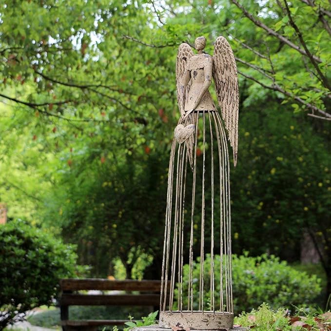 Morning View Metal Angel Statue Decor for Garden Yard Art Outdoor Standing Large Angel Decorations with Star Antique Patio Patio Lawn Holiday Christmas Set of 2 (26 and 32 Inches Tall)