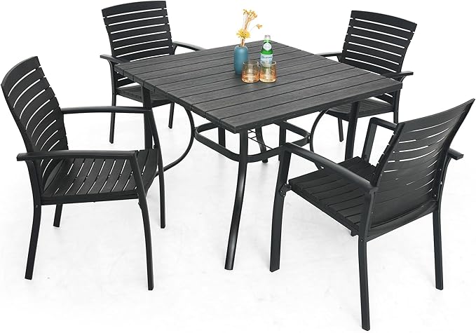 Outdoor Dining Table with 1.6" Umbrella Hole, Picnic Table Plastic Square Backyard Bistro Table Outdoor Dining Table for Garden, Poolside, Backyard, Black, 37x37inch