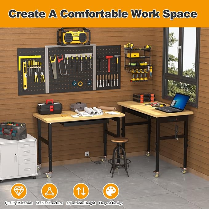 48"x24" Adjustable Workbench on Wheels, Heavy-Duty Work Bench, 2000 LBS Worktable with Power Outlets & Drawer, Portable Chipboard Work Station for Garage, Repair Shop, Workshop, Office
