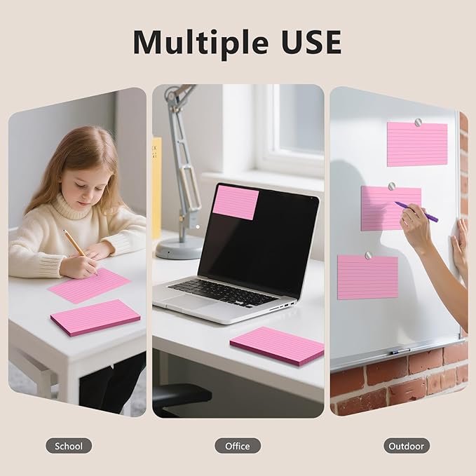 600 Count Index Cards 3 x 5 Inch Pink Lined Flash Cards Ideal for Studying and To-do-List, Portable Note Cards Taking for Students and Teachers, Flash Card Styled for Home, Office or School Use