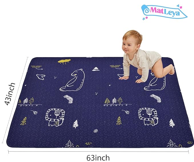 Machine Washable Baby Play Mat 63x43”, Baby Playpen Mat Extra Large, Foldable Baby Play Mats for Infants, Toddler Playing Rug Pad, Non Slip Crawling Mat for Floor Dark blue-bear