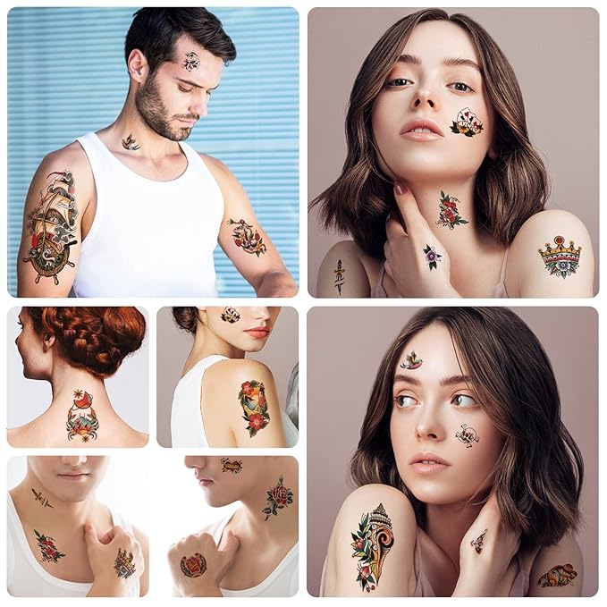 Yazhiji 77sheets Waterproof Temporary Tattoos,Old School Tattoo,Sailor Jerry Style Vintage Classical Fake Tattoo, American Traditional Flower Rose Arm Stickers for Women Men Adults Kids