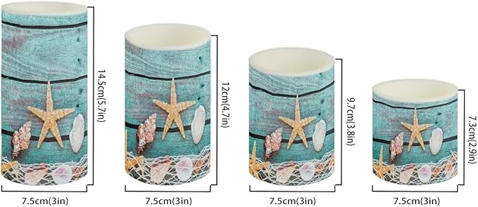 Flameless Light Candles Battery Operated Candles with Color Changing Timer Remote Control Fake Pillar Candle Tealights Home Indoor Beach Coastal Decoration, Starfish Shell Wood Grain