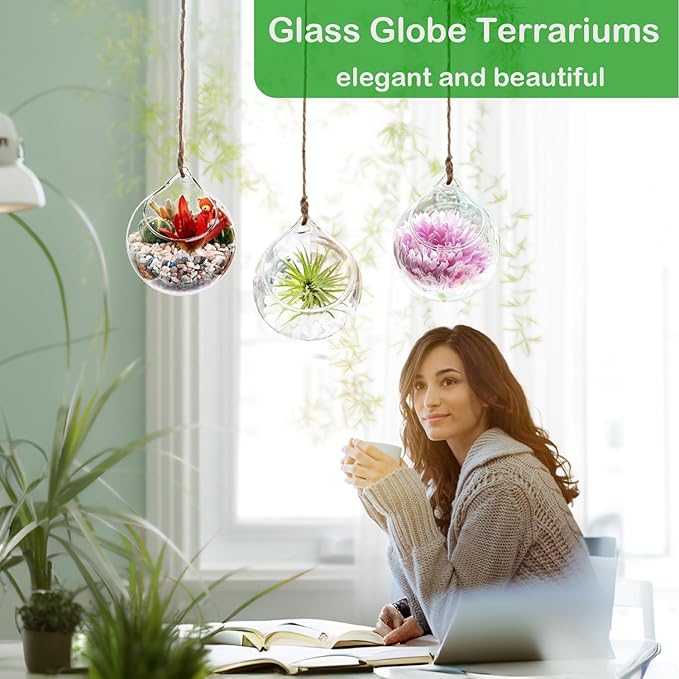 Ivolador Hanging Planter Glass Terrarium Container Air Plant Holder Succulents Globe Shape Home Garden Decor-4.7 Inches-3PCS