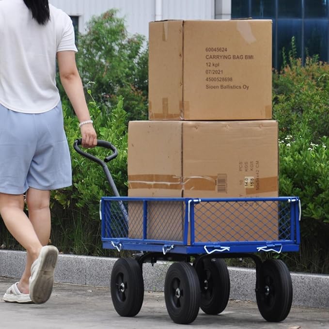 Heavy Duty 480 Lbs Capacity Mesh Steel Garden Cart Folding Utility Wagon with Removable Sides (Blue)
