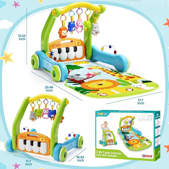 Baby Gym Play Mat with Walker, 2 IN 1 Kick and Play Piano Activity Center with Light & Music, Tummy Time Mat & Baby Push Toys for 0-6 12-18 Months, Sit-to-Stand Learning Walker for Infant Toddler Gift