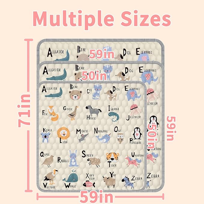 Baby Play Mat for Floor, 50x50 Playpen Mat, Soft Portable, Non-Slip Crawling Mat Machine Washable Foldable Playmate for Babies,Toddlers, Infants Indoor/Outdoor Use, Alphabet & Animal Design