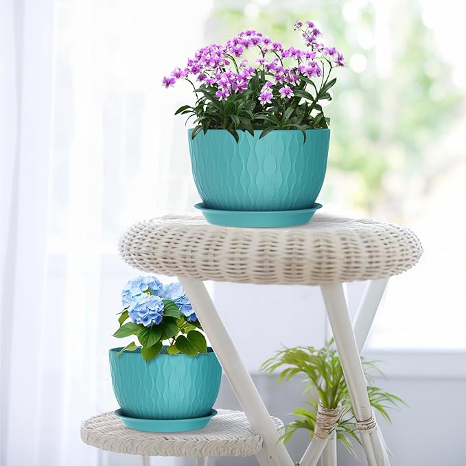 Large Plant Pots 12/10/9 inch, 3 Pack Big Flower Pots for Outdoor Indoor Plants with Water Ripples, Wide Plastic Planters with Drainage Holes and Saucers for Garden Home Decor, Blue Green