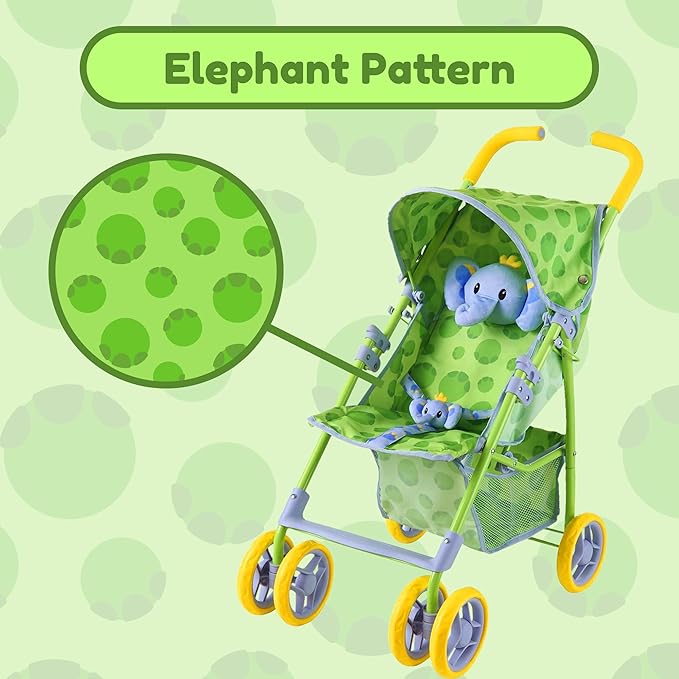 Baby Doll Stroller for Toddlers 1-3, Pillow Animal Toy Stoller for Dolls, Green Folding Baby Toy Stroller for Dolls, Foldable Baby Stroller Toy for Girls, for Kids (Elephant)