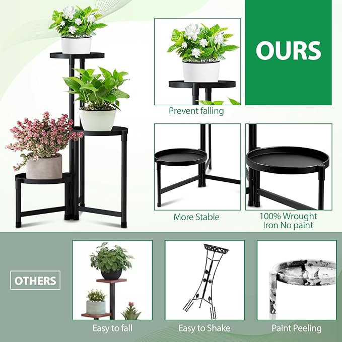 Hctwsy Metal Plant Stand Indoor Outdoor,3 Tier Black Outdoor Plant Stands for Patio,28in Tall Corner Plant Shelf Multiple Flower Pot Holder for Living Room Patio Garden Balcony