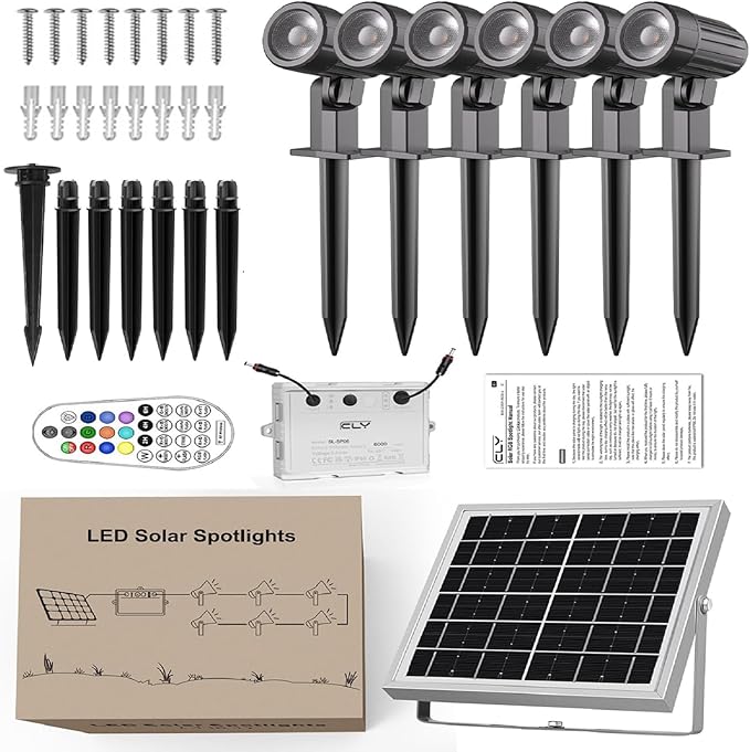 CLY Solar 6 in 1 RGB Spotlights Outdoor Garden, 10 Colors 12 Modes Solar Garden Floodlight Landscape Spotlights IP66 Waterproof 59.06ft Cable Spike Light for Lawn, Patio, Balcony