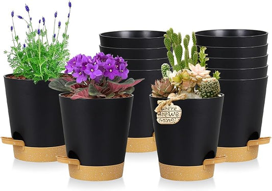 12 Pack 4 Inch Self Watering Plant Pots with Drainage and Saucers,Plastic Flower Pots for Indoor and Outdoor Plants, Nursery Planters for Houseplants and Herbs Black Brown, 4 inch 12pcs
