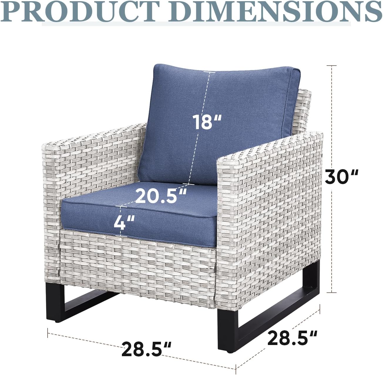 HUMMUH Outdoor Chairs PE Wicker Patio Dining Chairs Set of 2 Metal Frame Porch Chairs with 4 inch Seat Blue Cushions