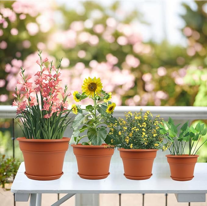 9 Inch Plastic-Flower Pot-for-Indoor Plants, 4 Pack Large Outdoor Planter Pot with Drainage Holes & Saucers, Resin Decorative Garden Pots Planters