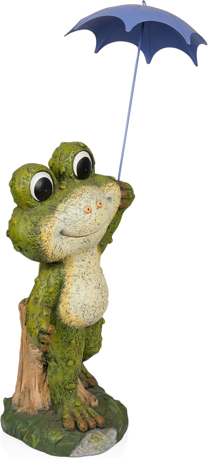 Alpine Corporation QWR1002 Indoor/Outdoor Smiling Frog with Purple Umbrella Garden Statue, Playful Frog Statue, 27" H, Green