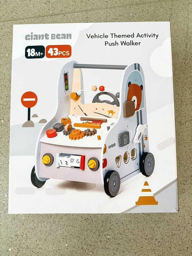 Giant bean Wooden Baby Push Walker with Activity Center โ Car Traffic Theme Tool Bench Shape Sorter, Steering Wheel Gears Beads, Montessori Toy for Toddlers 1-3, Walking Push Toy Speed Adjustable