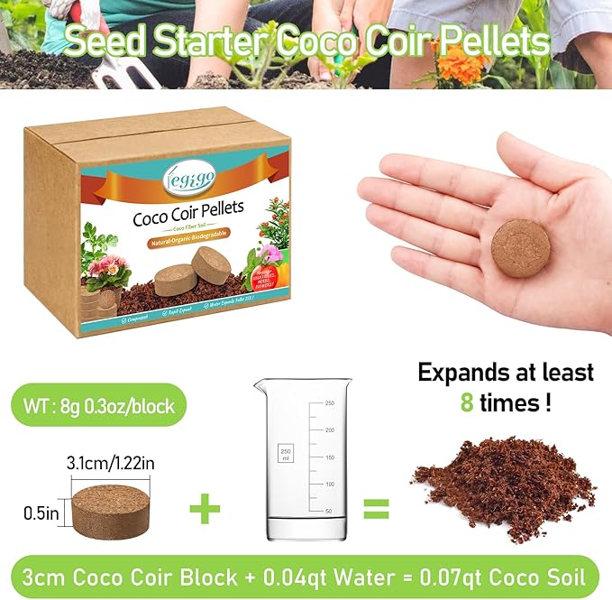 Legigo 200 Pcs 30mm Coco Coir Pellets Seed Starting Soil Mix- Compressed Coconut Coir Pellets Potting Soil Pods for Seedling, Coco Peat Soil Discs for Indoor & Outdoor Plants, Herb Vegetables Flowers