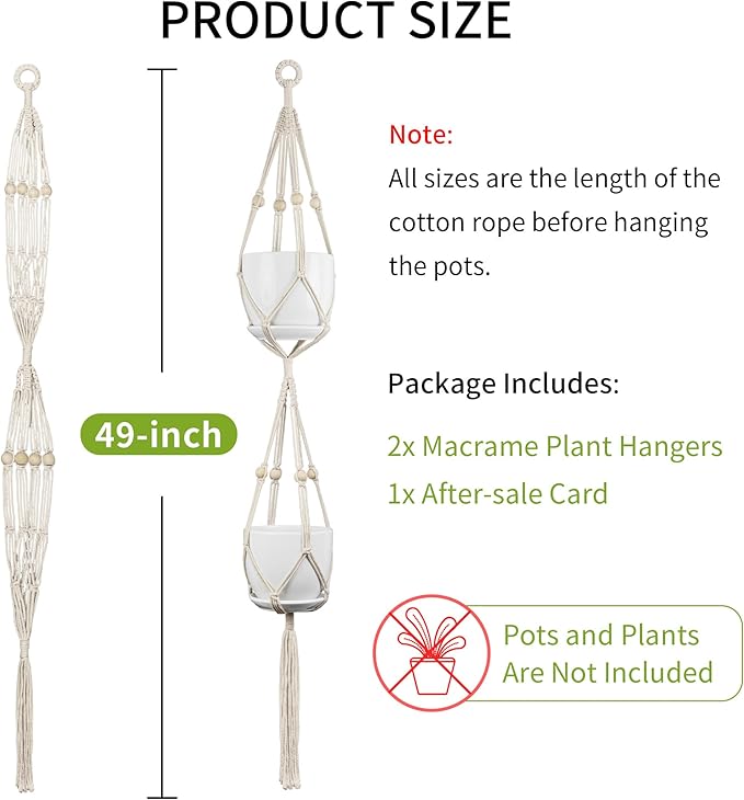 2 Pack Macrame Plant Hanger, 49 Inch, Fits 4-8 Inch Pots, 2 Tier Indoor Outdoor Hanging Planter Basket Flower Pot Holder, Boho Home Decor, Ivory (POTS NOT Included)