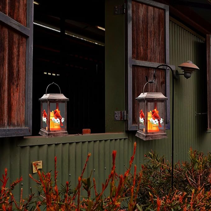 Solar Lanterns Outdoor Hanging Lanterns, Metal with Glass Cardinal Solar Lights, Waterproof Decorative Lantern Garden Decor for Outside Table Patio Yard, Memorial Gifts Grave Decorations for Cemetery