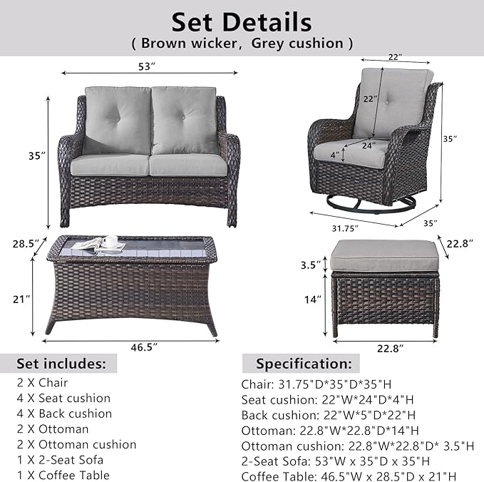 Wicker Outdoor Furniture Patio Furniture Set - 6 Piece Patio Conversation Set with Swivel Rocker Chairs, Loveseat Sofa, Ottomans and Coffee Table, Gray Cushion