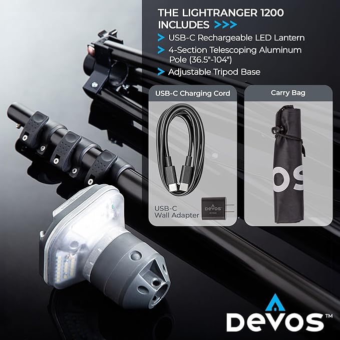 Devos Outdoor LightRanger 1200 - High-Performance LED Tripod Lantern with Adjustable Height, 1200 Lumens Brightness, and Long Battery Life.