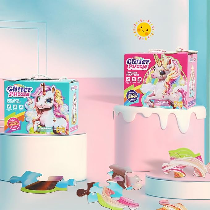 Glittering Unicorn Puzzle, Large Floor Unicorn Jigsaw Puzzles for Kids with Puzzle Sticker Sheets, for Girls Ages 3-6