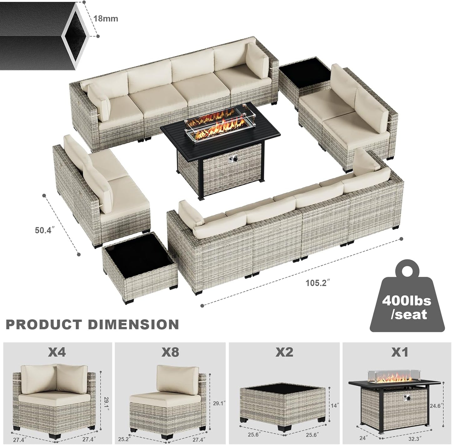 15-Piece Patio Furniture Set, Outdoor Patio Furniture with 55,000 BTU Fire Pit Table, Thick Cushions, Modular Patio Sofa, Dual-Strand Wicker Rattan, Rust-Resistant Frame, Ivory