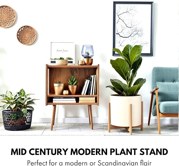 Fox & Fern Bamboo Plant Stand — 14.9 Inch Fixed Size Wooden Mid Century Planter Stand for Indoor Plants; Extra Large Flower Pot Holder for Indoor Big Pots; Plug In Design; Two Height Options - Bamboo