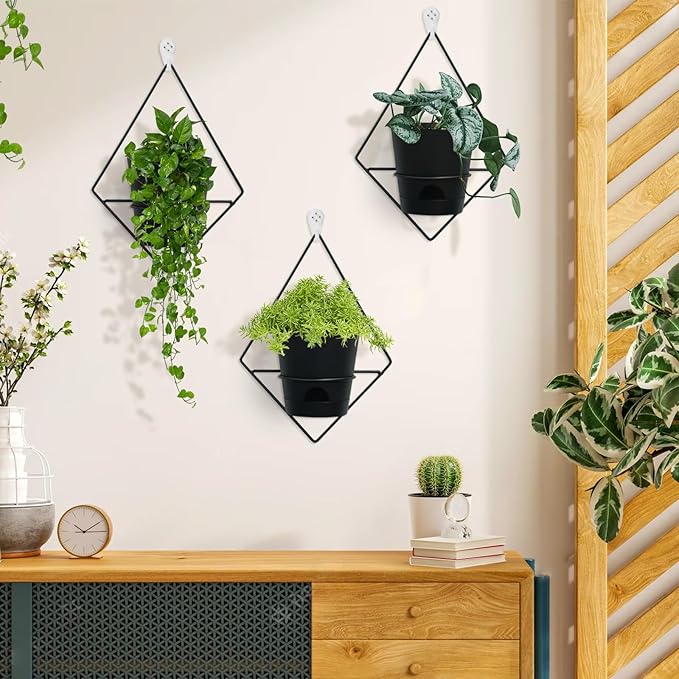 3 Sets of Wall Planters for Indoor Plants, Hanging Wall Planter with Black Metal Holder, Geometric Self Watering Wall Flower Pots, Wall Mounted Succulent Planter, 5" Black Plant Pot