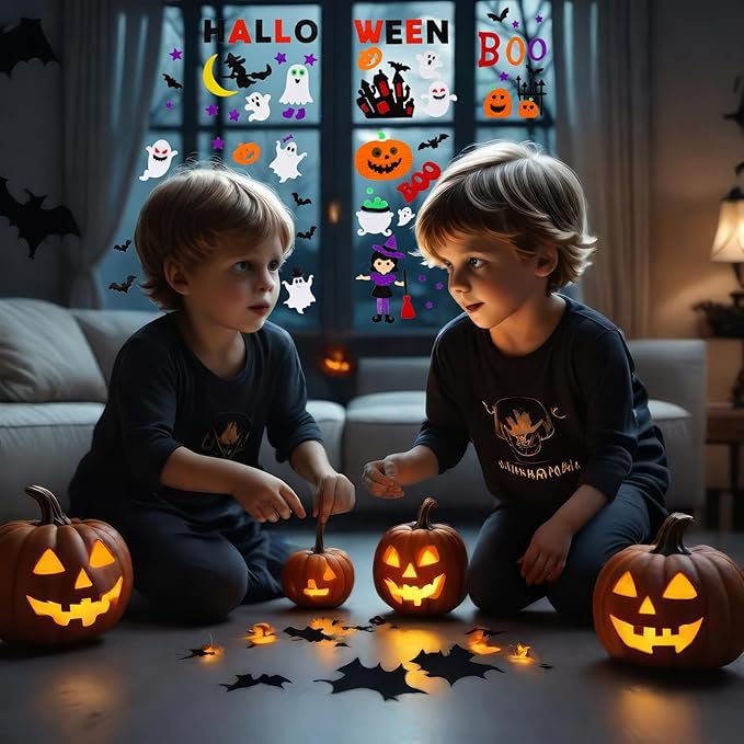 5 Pcs Halloween Window Clings Gel Stickers, Reusable Ghost Pumpkin Bat Witch Decals for Windows, Glass, Mirrors, Refrigerator, Halloween Party Decorations (Boo)