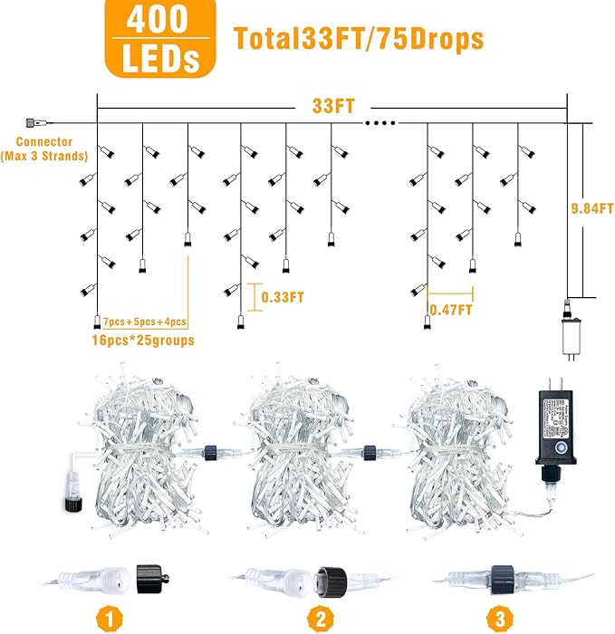 33ft Icicle Lights for Outside, Green Christmas Lights Outdoor Waterproof, 400 LED Twinkle Tree With 75 Drops Clear Wire Short Curtain for House, Room, Home Wall Indoor Decorations