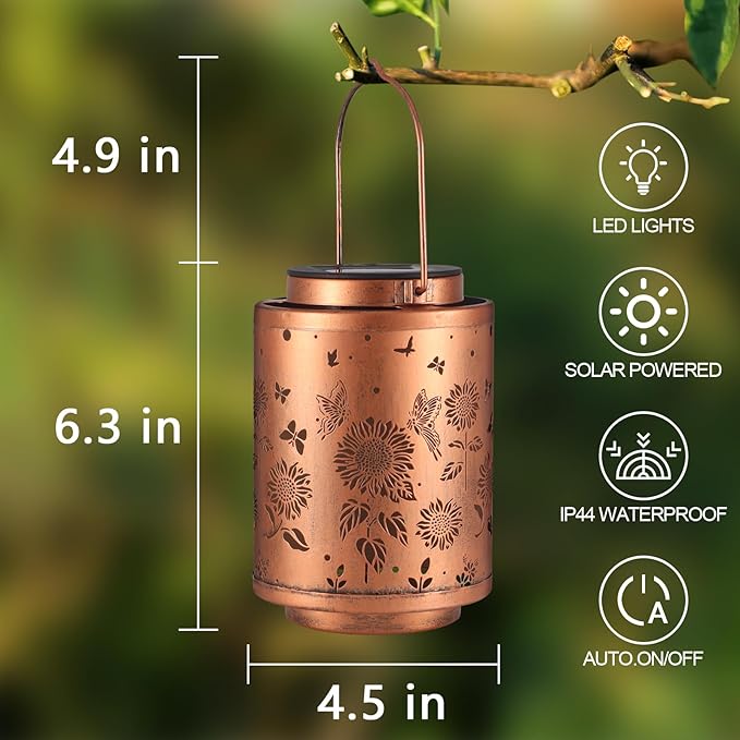 Solar Outdoor Hanging Waterproof Lantern Butterflies Garden Decor LED Light Solar Metal Lantern Gifts for Girl Women Solar Decoration for Patio Pathway Yard, Gold, T-DL-204