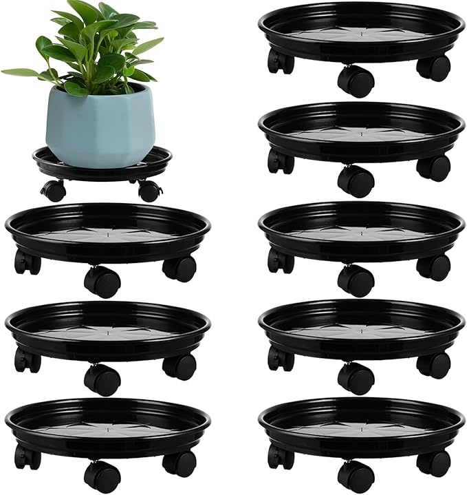 8 Packs Plastic Plant Caddy with Wheels 12” Heavy-duty Rolling Plant Stand with Wheels Plant Dolly with Casters for Indoor and Outdoor Plant Roller Base Plant Saucer Mover, Black