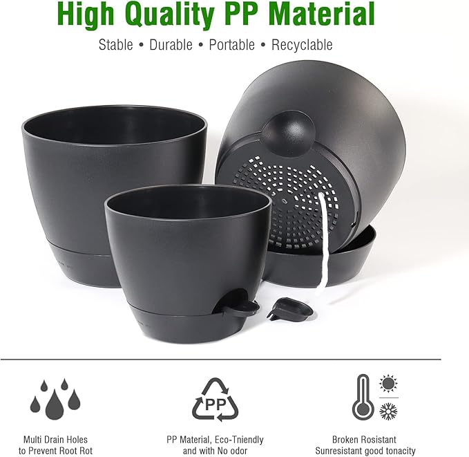 Large Self Watering Pots, 12/10/9 Plastic Planters with High Drainage Holes and Deep Reservoir for Indoor Outdoor Garden Plants and Flowers, Black