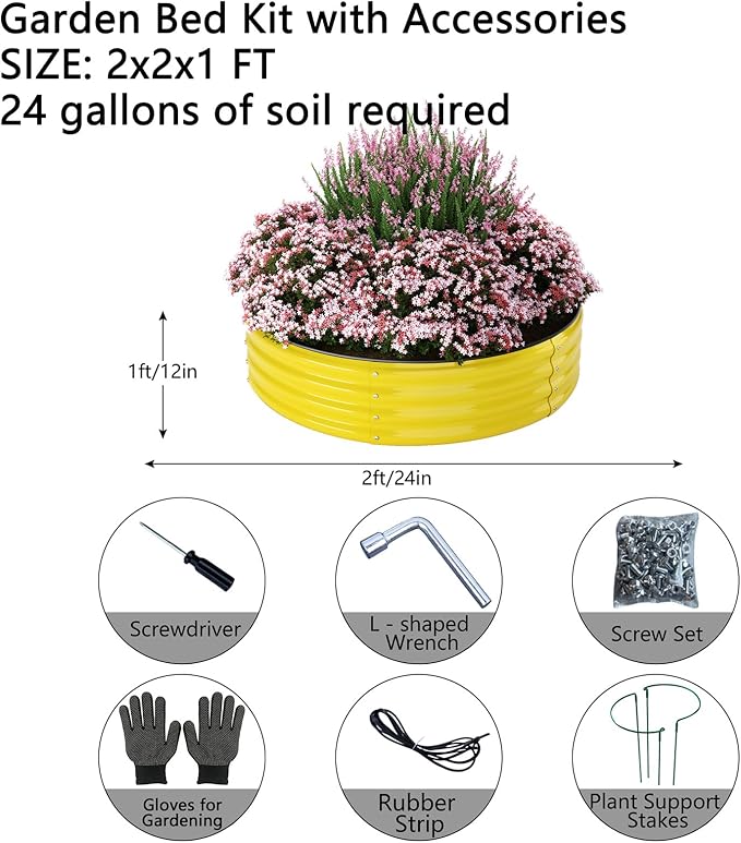 Galvanized Metal Planter Round Raised Garden Bed Kit for Gardening Outdoor,2x2x1ft Grow Garden Box Raised Flower Bed,Round Galvanized Planter Outdoor Metal Fire Pit Ring