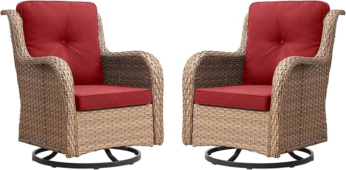 Outdoor Patio Swivel Rocker Chairs - Wicker Rattan Patio Swivel Rocking Chairs Set of 2 with High Back,Deep Seating and Comfort Cushions for Deck Porch Garden,Yellow/Red
