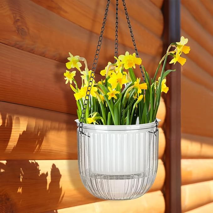 Maxcheck 4 Pcs Self Watering Hanging Planters Indoor 6.5'' 4.5'' Hanging Flower Pots Baskets Outdoor Self Watering Hanging Plant with 3hooks Drainage Holes for Home(Transparent)