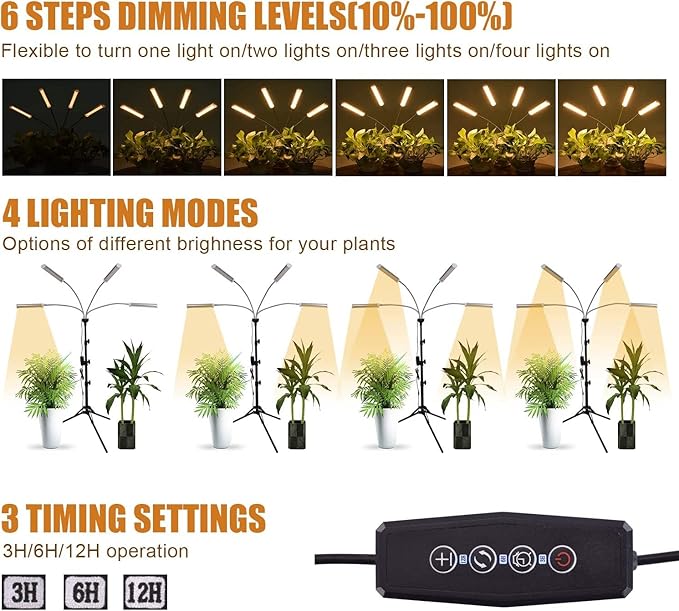 LED Grow Lights for Indoor Plants, 420 LEDs Full Spectrum Plant Lights for Indoor Growing with 15-63 inches Adjustable Tripod Stand, 4 Heads Floor Grow Lamp with 3/6/12H Auto On/Off Timer Function