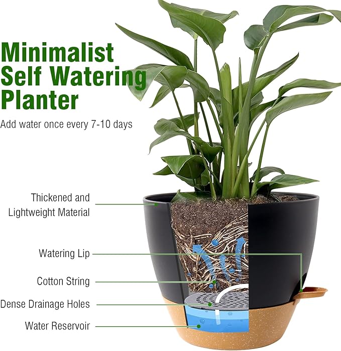 12 inch Large Self Watering Pots, Flower Plant Pots with Drainage Holes for Indoor Outdoor Garden Plants, Plastic Planters with Removable Deep Reservoir, Black with Brown